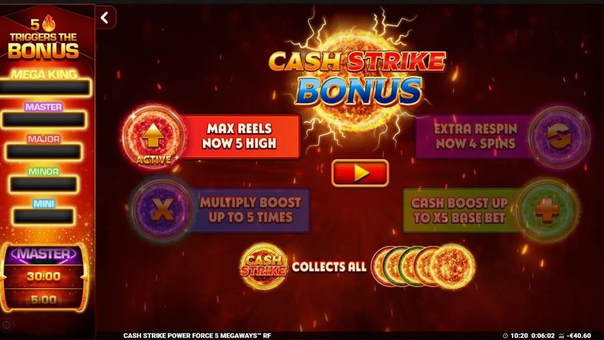Interface do jogo de slot Cash Strike Power Force 5 Megaways com símbolos de frutas e painel de coleta.