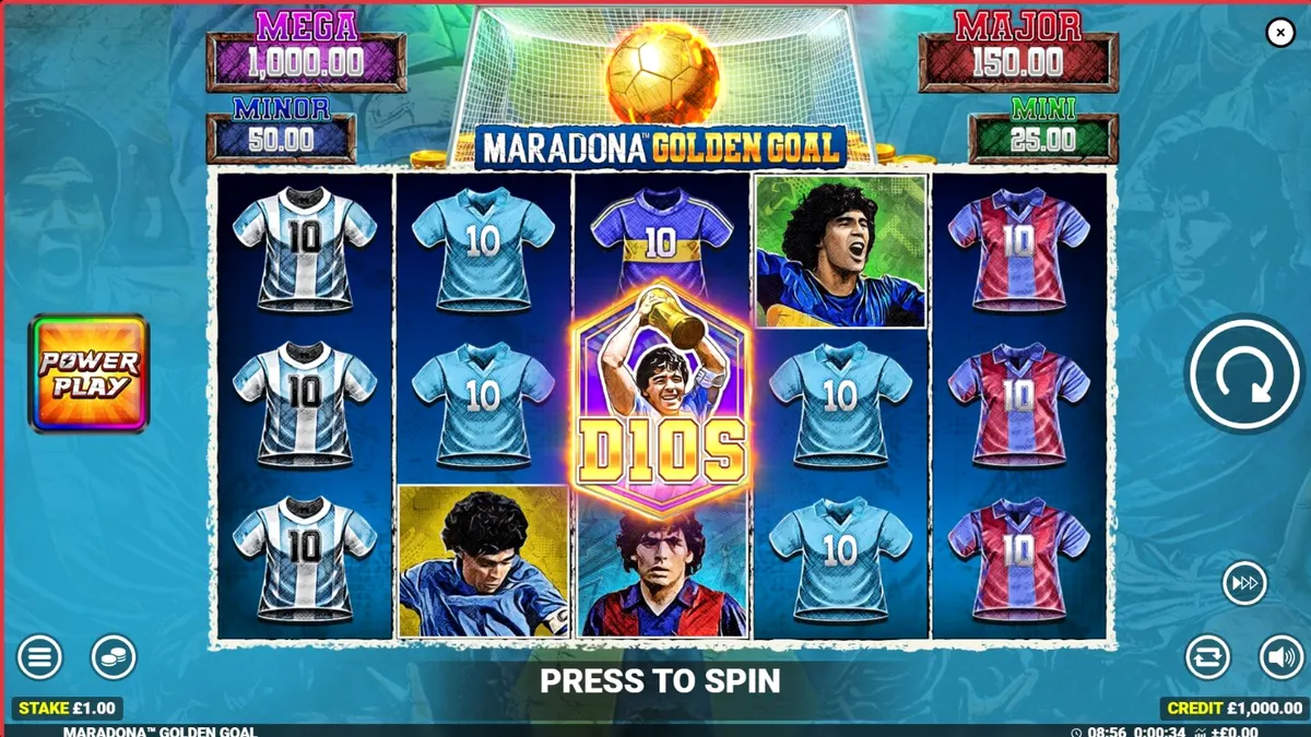 Interface do jogo de slot Maradona Golden Goal com elementos de futebol